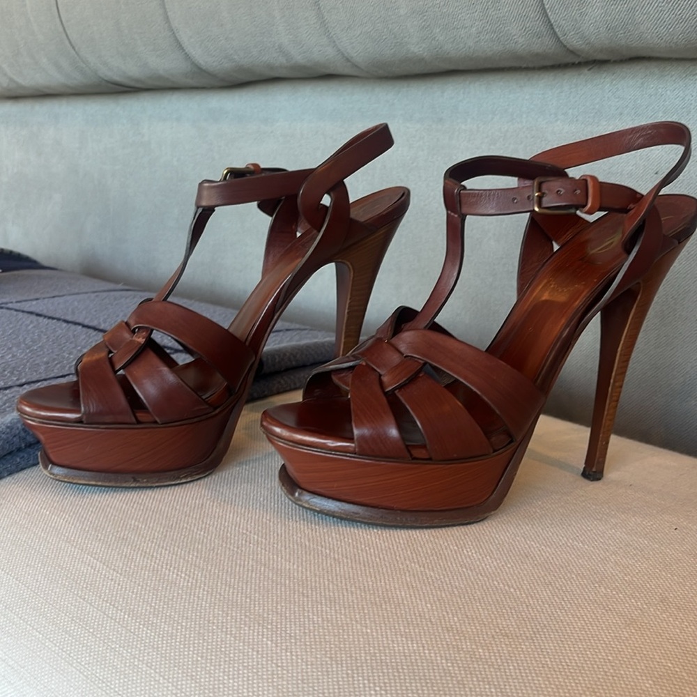 YSL Tribute iconic high heeled Sandal in Dark Brown/Wood Limited color w/dustbag